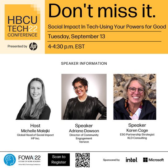 Registration is now open for the 2022 <a href="/HP/">HP</a> Future of Work Academy (FOWA) as part of the HBCU Technology Conference sponsored by <a href="/intel/">Intel</a> and <a href="/Microsoft/">Microsoft</a>. Register bit.ly/3trsJSW

Thrilled to be part of opening day w/ <a href="/MicheleMalejki/">Michele Malejki</a> <a href="/KarenCage/">KarenCage</a> #socialimpact #tech