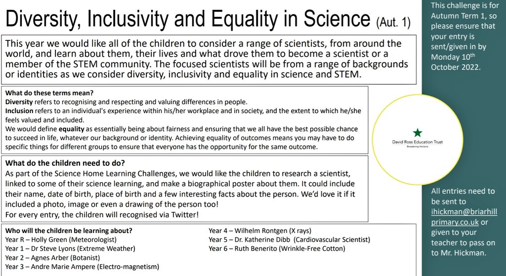 MrHickman3184's tweet photo. Here's the #DRETPrimaryScience Challenge for Autumn 1! Hope all of the children across our #DRETPrimarySchools enjoy learning about the different scientists! I cannot wait to see their #HomeLearning!
@DRETnews
#Equality #Inclusivity #Diversity #Challenge #Science #STEM https://t.co/6RYQ64kGVV