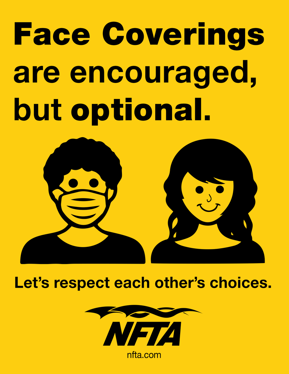 NFTAMetro's tweet photo. New York Governor Kathy Hochul announced today that effective immediately, masks are no longer required to be worn in transportation systems and at airports, they are encouraged but not required. This includes the airport, trains, buses and all NFTA transportation systems. https://t.co/d1mprmUt0u