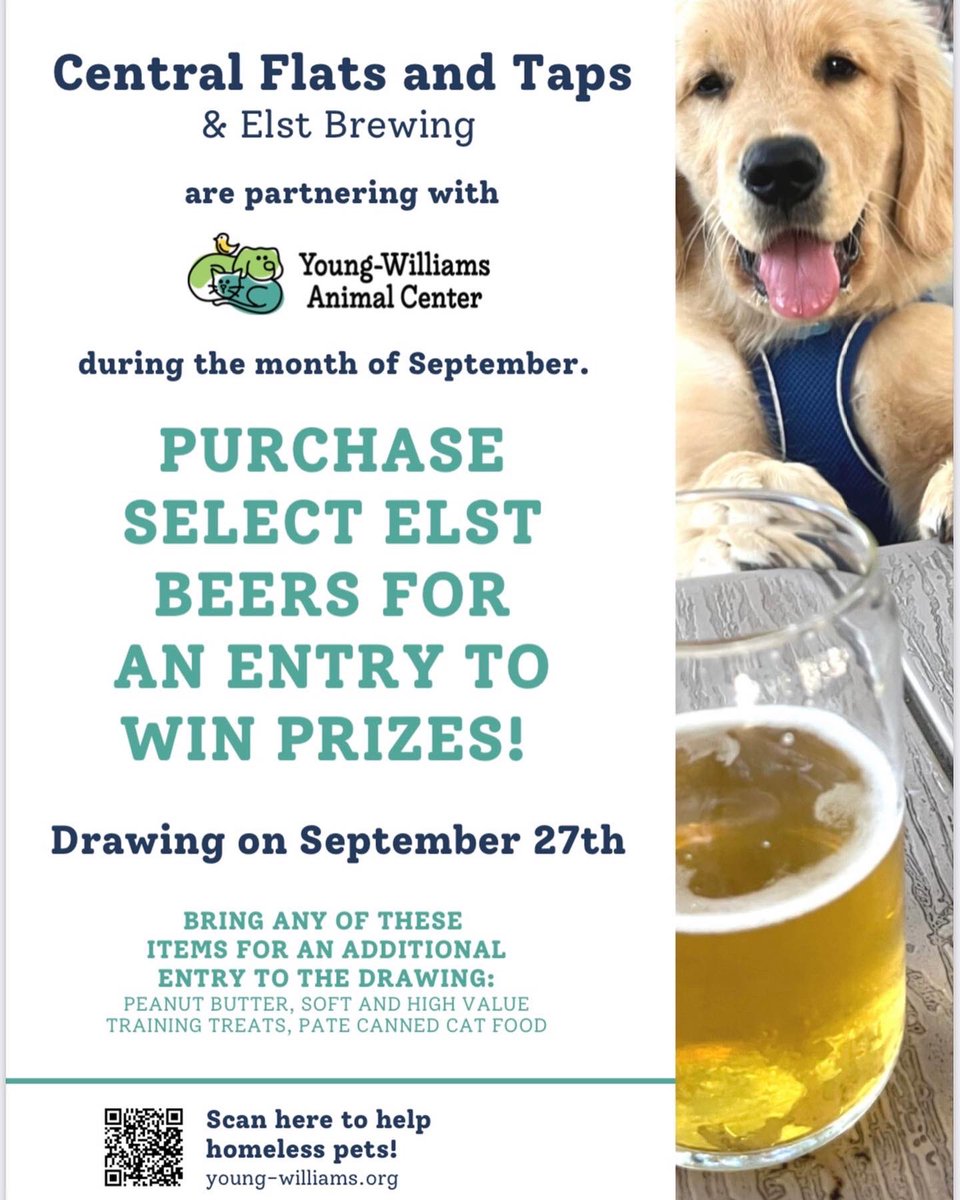 centFlatsNTaps's tweet photo. •Tuesday, September 27•
ELST Brewing will be at CFT hosting a raffle to benefit Young Williams! 
Drink ELST beer all month long to receive raffle tickets! 
You can also donate the items listed for extra tickets!
@elst_beer  @ywacpets 
*you must be present for the raffle to win* https://t.co/LuWKj1StH3