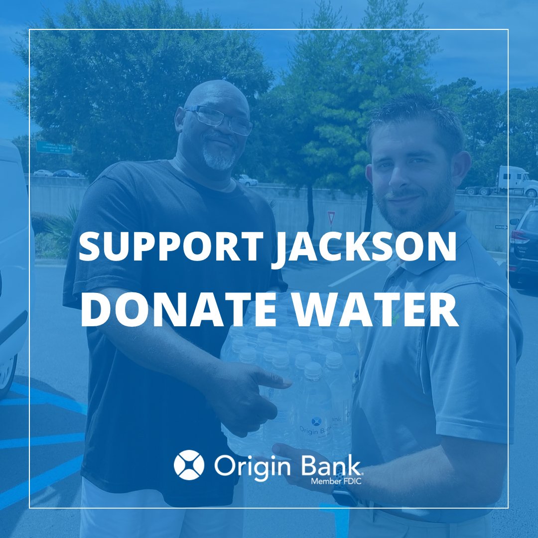 OriginBank's tweet photo. We are still collecting water at our locations in Lincoln, Union, Ouachita &amp; Morehouse Parish in an effort to lend a helping hand during the ongoing water crisis impacting Jackson. Thank you to everyone who is helping get safe, usable water into the hands of those who need it! https://t.co/SiHZzuYV6p