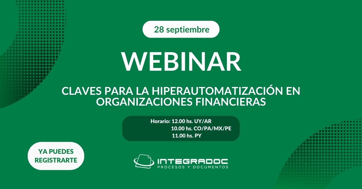 INTEGRADOC (@integradoc) on Twitter photo ¡Tenemos un nuevo Webinar! El 28/9/22 nuestro foco estará en la hiperautomatización en organizaciones financieras. 
¿Por qué es difícil dar el paso hacia la digitalización? ¿Realmente entendemos sus desafíos y beneficios? 
Los invitamos a registrarse aquí: bit.ly/3RKgFWM ¡Tenemos un nuevo Webinar! El 28/9/22 nuestro foco estará en la hiperautomatización en organizaciones financieras. 
¿Por qué es difícil dar el paso hacia la digitalización? ¿Realmente entendemos sus desafíos y beneficios? 
Los invitamos a registrarse aquí: bit.ly/3RKgFWM