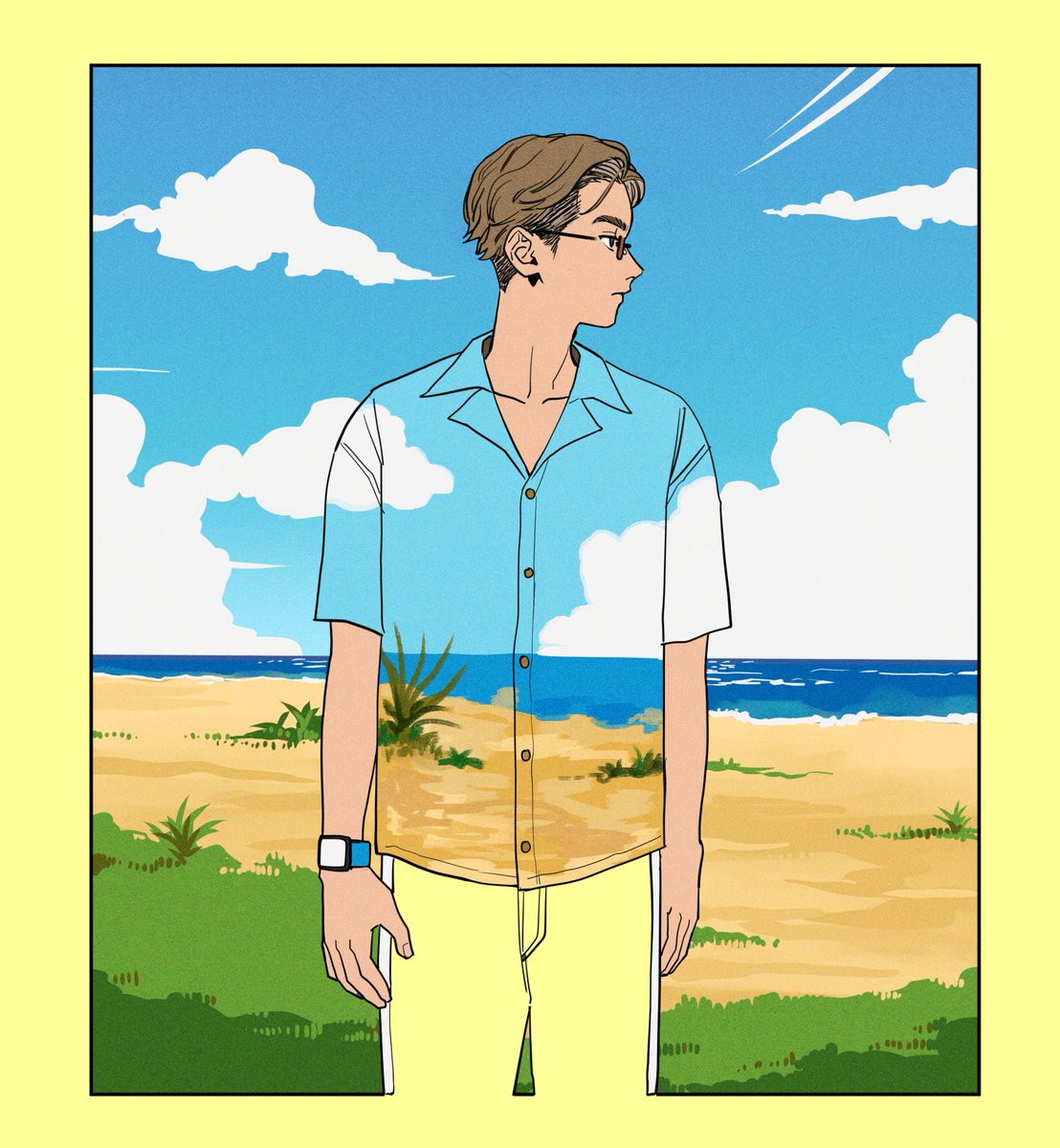 solo 1boy male focus watch cloud wristwatch shirt  illustration images