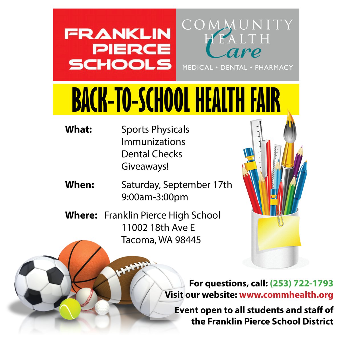CommhealthWA's tweet photo. Our back-to-school health fair is FREE to all students of the Franklin Pierce School District! Come on in for sports physicals, dental checks, immunizations, COVID shots, and much more! Come see us, 9am-3pm, Saturday, September 17th at Franklin Pierce HS. #commhealth #FPSD https://t.co/V6YxcZLxbf