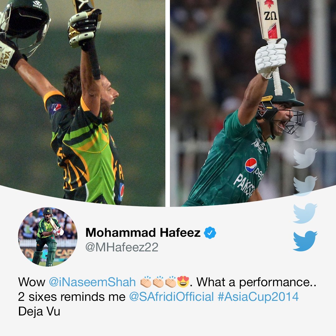 cricinfo's tweet photo. Shahid Afridi 🤝 Naseem Shah

Winning a thriller for Pakistan with consecutive sixes in the last over ✅

#AsiaCup2022 | #PAKvAFG https://t.co/89wsozA7lh