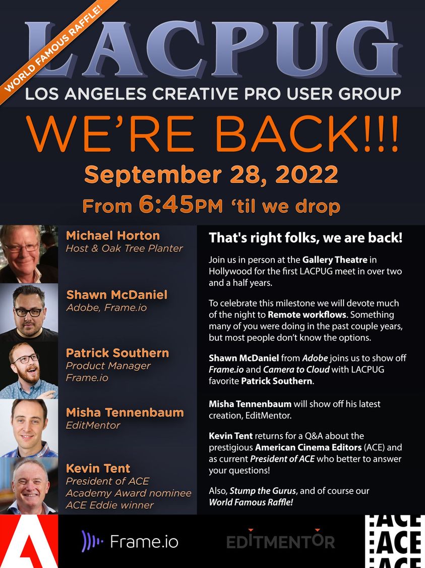 lacpug's tweet photo. Registration now live for the first lacpug meet in 2 and 1/2 years. Get out of the house and learn something and meet the people you need to meet. https://t.co/oWTpves7XR @Frame_io @Adobe @Blackmagic_News @EditMentor @ACEFilmEditors #KevinTent #worldfamousraffle https://t.co/uoqLSRn0nl