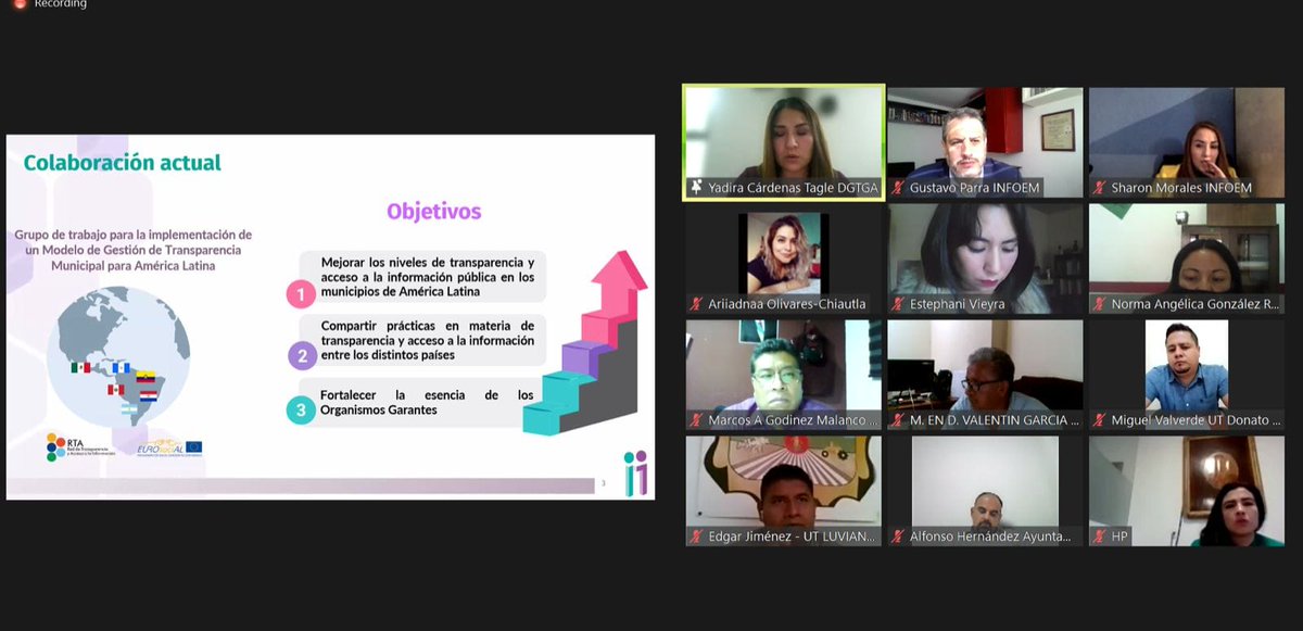 Infoem's tweet photo. 🖥️De manera virtual, la Comisionada @SharonMoralesMt se reunión con Titulares de Unidades de Transparencia, previo al lanzamiento del #ModeloRegional de Transparencia Municipal. Estuvo acompañada del también Comisionado del Infoem, @lgparranoriega. https://t.co/Yfs3IeUcS4