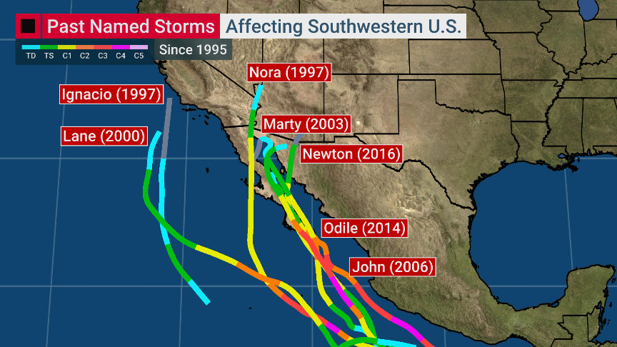 In 1997, previously Hurricane Nora came into southeastern CA as a tropical storm, centered about 150-200 miles from San Diego and LA, with some power outages in LA and flooding in San Diego. #Kay will be similar distance away, but those big cities will be on stronger side of Kay.