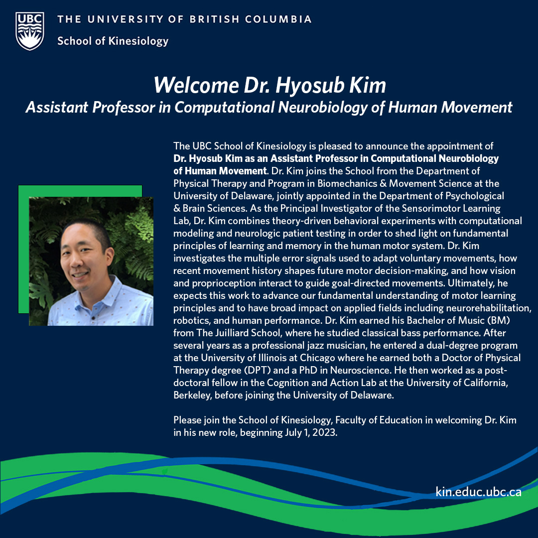 Welcome Dr. Hyosub Kim, Assistant Professor in Computational Neurobiology of Human Movement!