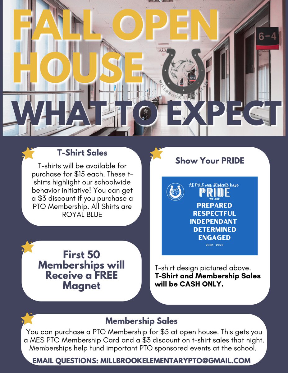 Open House is 9/15, 6-7:30 PM. Prior to transitioning to classrooms to meet with teachers, the evening will begin in the Cafeteria w/greetings &amp; updates from Dr. Ward &amp; our Title I plan. At approx. 6:30 PM, each teacher will facilitate two 20 minute sessions. #MillbrookPRIDE
