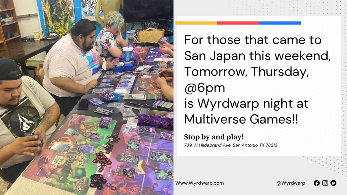 If you came to <a href="/SanJapan/">San Japan 17 - 9/4 - 9/6 2026 - Labor Day Weekend</a> and want to play Wyrdwarp stop by Multiverse Games in SATX  tomorrow Thursday at 6pm! #indiegame #tradingcards #boardgames #indiedeveloper #CardGame #scifi #DnD #tcg #ccg #xcg #IndieGameDev #SanAntonio #sanantoniotx #sanjapan #wyrdwarp