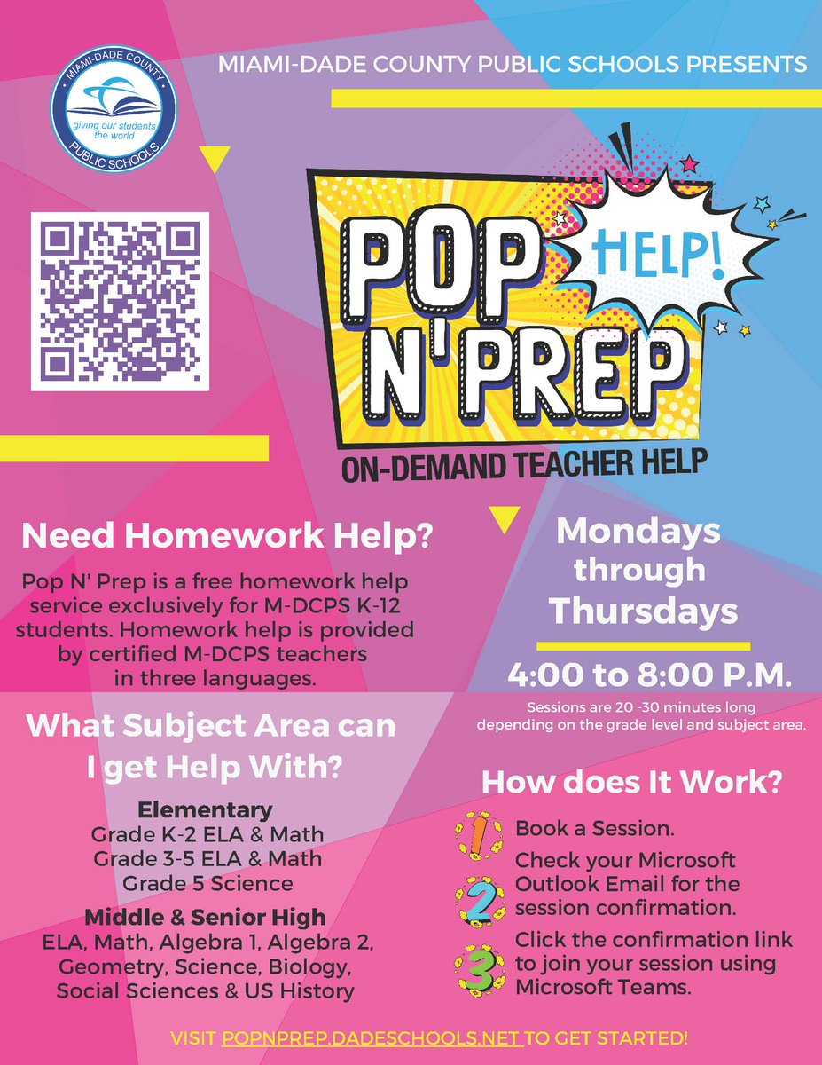 Attention parents! Does your child need help with homework? Book a session using our Pop N’ Prep free homework help service exclusively for <a href="/MDCPS/">Miami-Dade Schools</a> K-12 students. Learn more at popnprep.dadeschools.net/#!/fullWidth/5…. #PopNPrepMDCPS