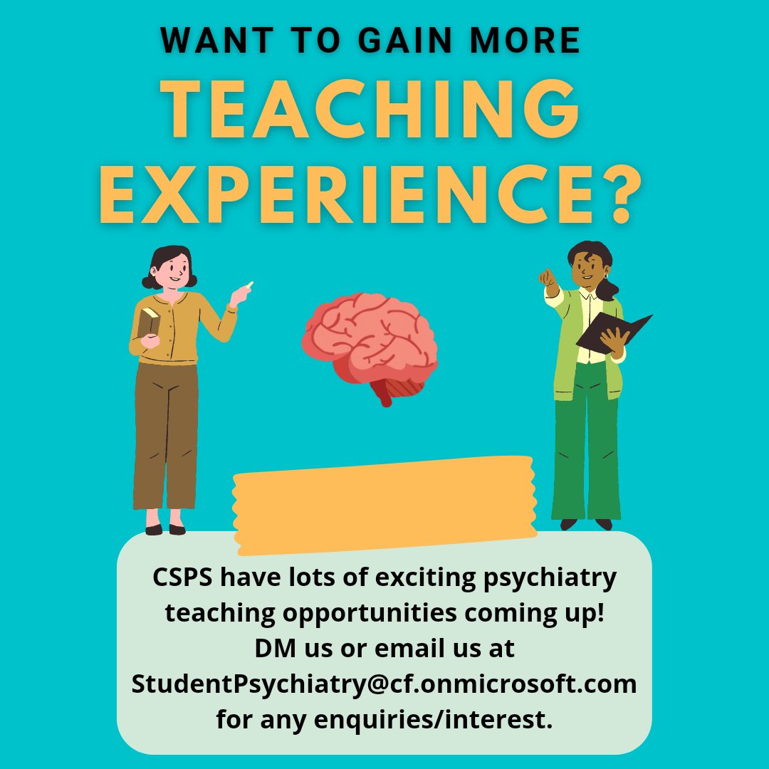 CSPsychSoc's tweet photo. ‼️Apologies for the mistake in the original post - email address corrected on this post

🧠 Cardiff Psychiatry Society are looking for teachers for an upcoming teaching series! 🧠

For any enquiries/interest please DM us or email StudentPsychiatry@cf.onmicrosoft.com https://t.co/qhNxldB7uT