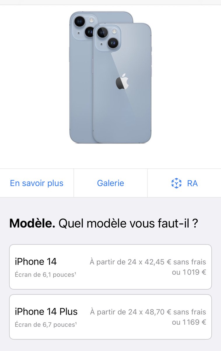 StevenLathoud's tweet photo. iPhone 14 : à partir de 1019€
iPhone 14 Pro : à partir de 1329€ 🥵
#AppleEvent 

Rupture de composants et EUR vs USD en chute, c'était prévisible. https://t.co/knO3PowVFT
