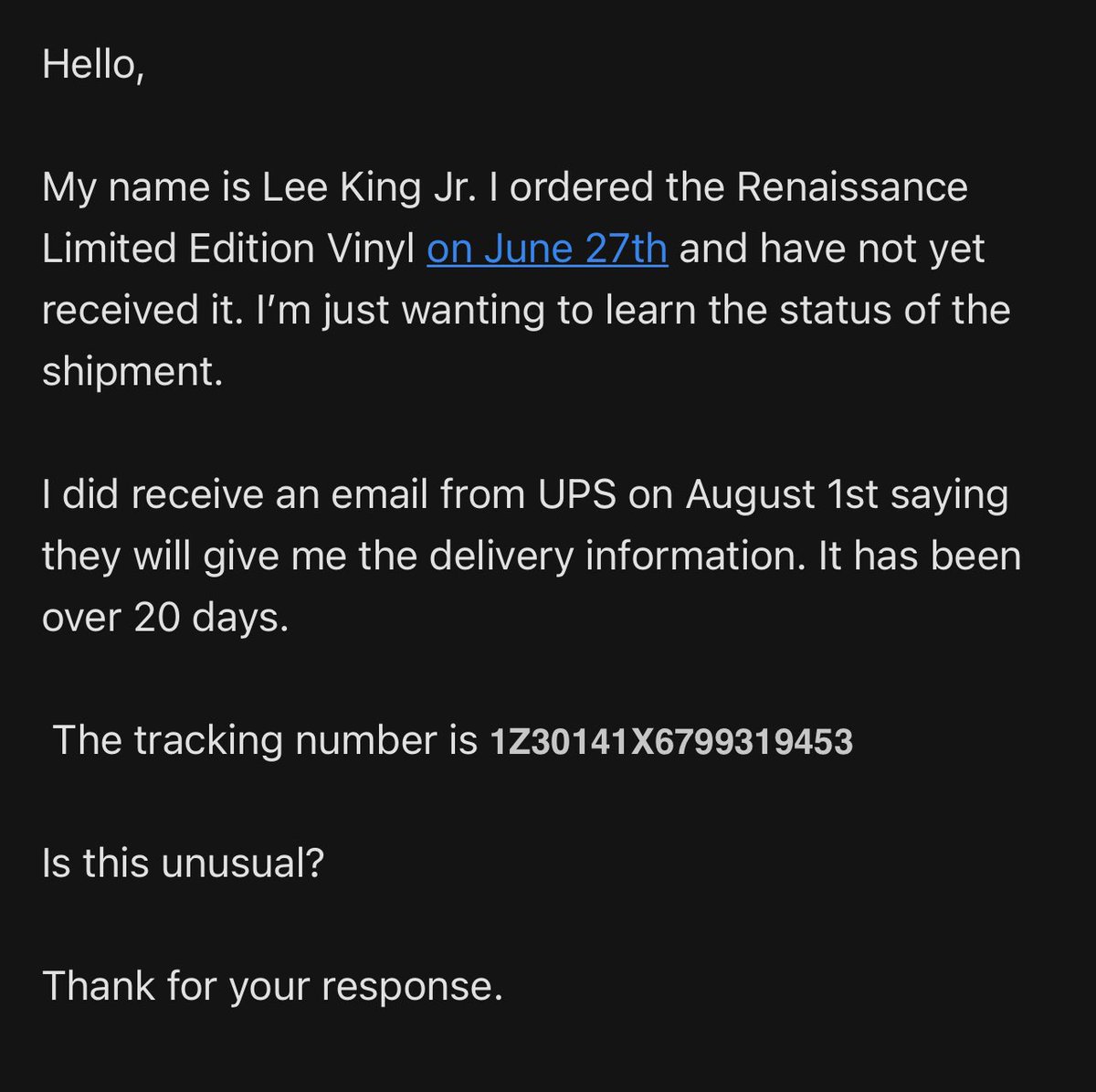 MrLKingJr's tweet photo. @Beyonce obviously the Beyonce store can’t handle the huge success of renaissance. Im so disappointed. I waited so long for the Limited Edition Vinyl.  Anyone else have the same situation or is just me. 😩 #beyonce  #RENAISSANCE https://t.co/g6wW7my0zg