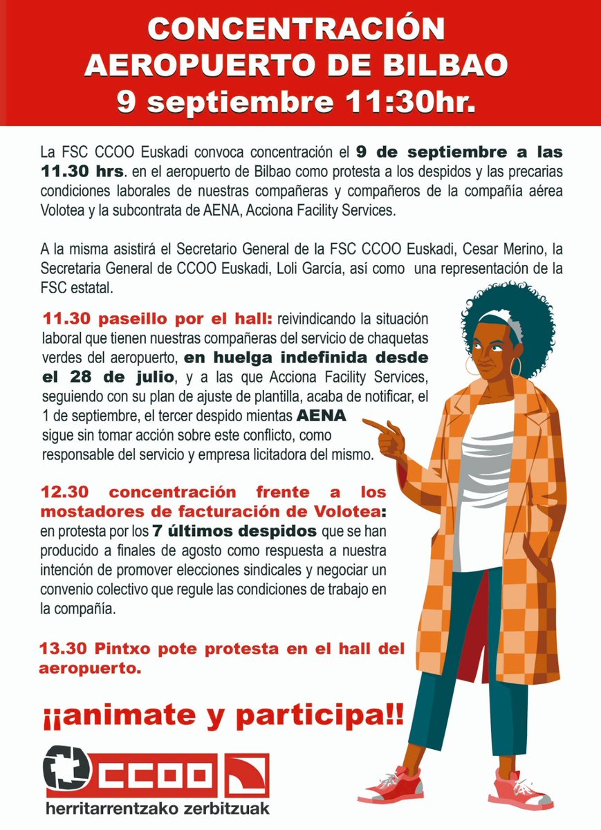 VoloteaEnLucha's tweet photo. 📢 Nueva concentración conjunta en el aeropuerto de Loiu!!

👉🏿Viernes 9 de septiembre a partir de las 11:30 @VoloteaEnLucha y @ChaquetaVerdeBI unid@s 🤝🏿 luchando por sus puestos de trabajo!!

#DespidosNo
#DespidorikEz
✊🏿✊🏿 https://t.co/Y7hvZmodvw