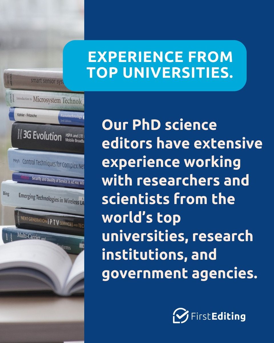 FirstEditing's tweet image. ✨Your publishing goals come first! ✨
📌 Our team of experienced PhD editors helps thousands of authors from top-tier universities and research institutes publish their work in high-impact journals. 📚
📑 Request your free sample today! 👉 buff.ly/3vngV5c
#firstediting