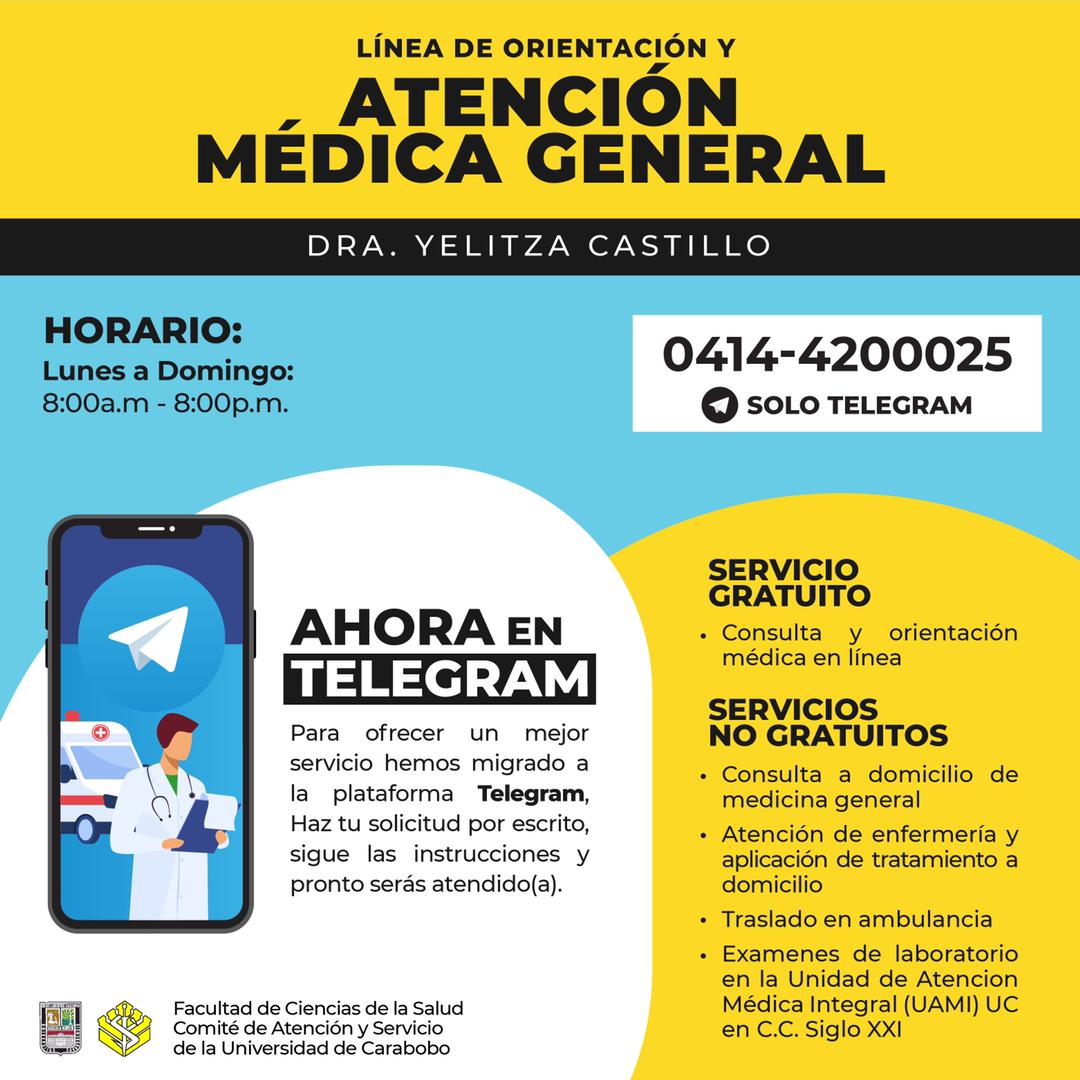 FCS_UC's tweet photo. #ServicioGratuito Si presentas síntomas asociados a la COVID-19 y/u otras infecciones o patologías, consulta a la Línea de Orientación y Atención Médica General de @FCS_UC. Escribe al 0414-4200025 en Telegram, sigue las instrucciones y pronto serás atendido | loamg.fcs@uc.edu.ve. https://t.co/1Ai7DI65it