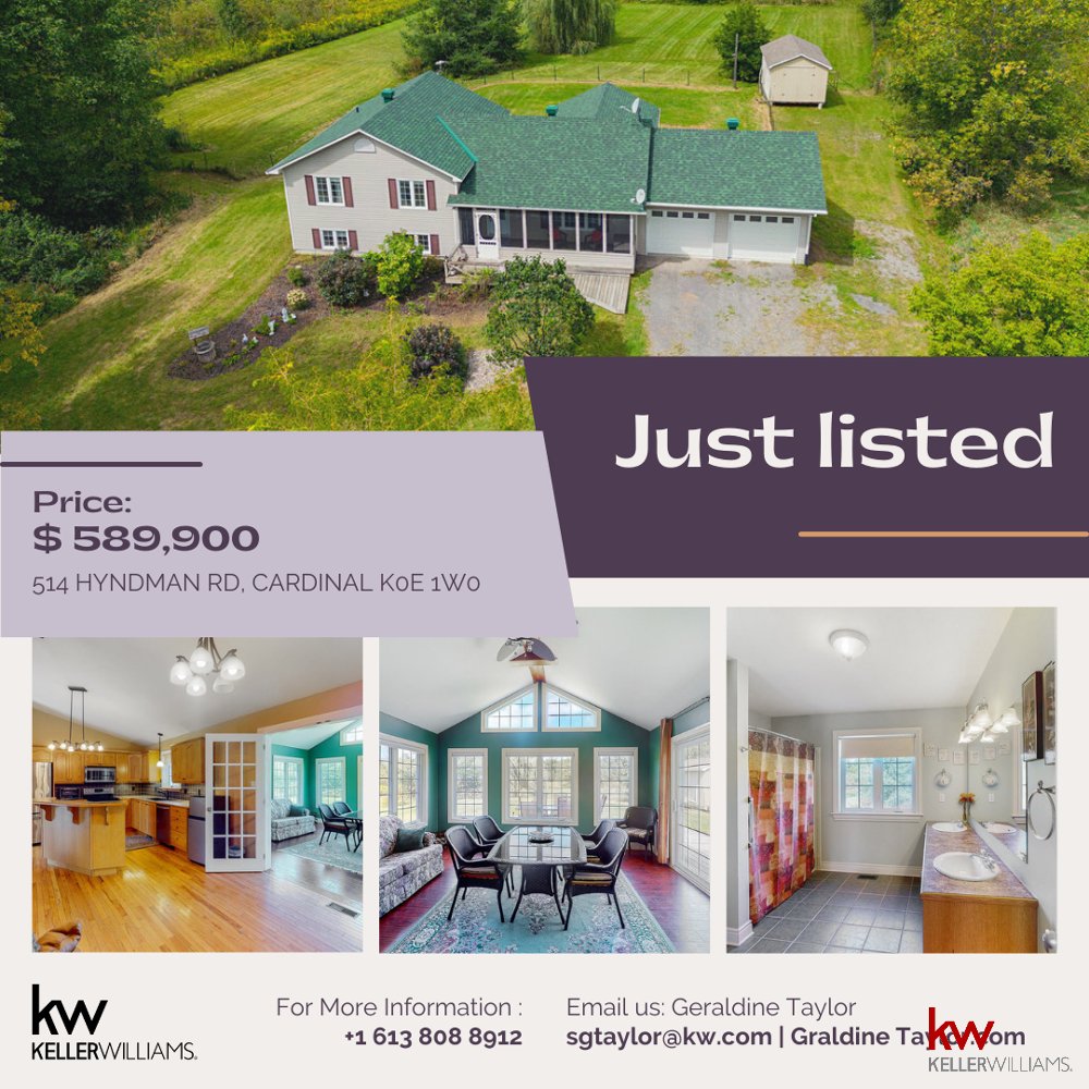 📢Just Listed📢

🔥Located on approx. 2.5 acre private lot.

✔️Hardwood floor in Kitchen/Dining/Living
✔️Large main bedroom with built in closets
✔️Fully finished family room/den with fireplace,Bedroom,and Bathroom
•
Contact us 👇🏻
Geraldine Taylor
sgtaylor@kw.com
(613) 808-8912