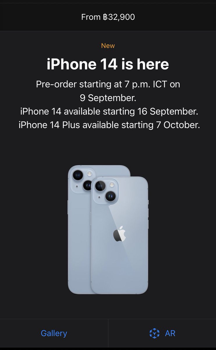 ldaworlds's tweet photo. ราคาไทยมาแล้วจ้าาาา แพงขึ้นกว่าเดิมเยอะมากกกก 3 พันเลยนะ ㅠㅠ

iPhone 14 >> 32,900฿ (จาก 29,900 🥲)
iPhone 14 Plus >> 37,900฿
iPhone 14 Pro >> 41,900฿
iPhone 14 Pro Max >> 44,900฿

ตัวแพงสุด 66,900฿ ราคาเท่า Macbook Pro M1 Pro บ้าไปแล้วววว #AppleEvent #iPhone14 #iPhone14Pro https://t.co/ZSjqYYivUT