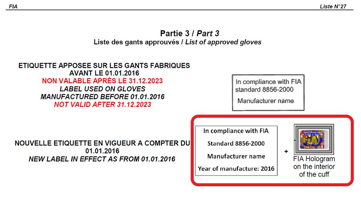 TecnicoRFEDA's tweet photo. Importante‼️ Norma FIA 8856-2000

A partir del 01.01.2024, los guantes y ropa interior ignífuga (excepto calcetines) con norma FIA-8856-2000 deben llevar holograma FIA, tal y como se describe en las páginas 15 y 24 de la Lista Técnica FIA nº 27👇:

🔗https://t.co/tbjkRKQ6oF https://t.co/QiF4HjvzwT