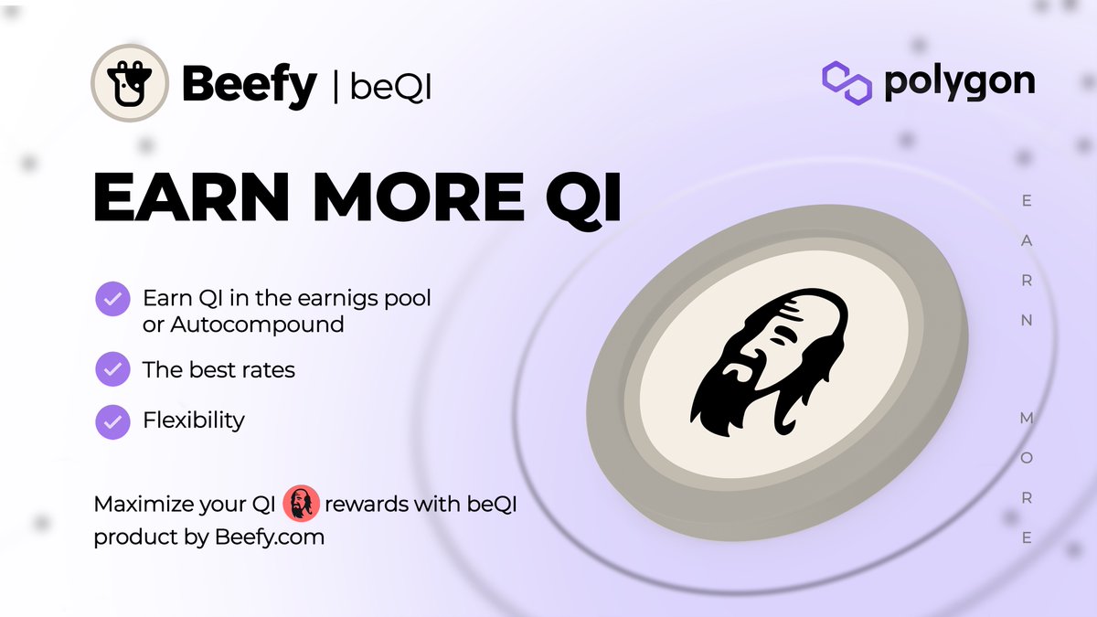 beefyfinance's tweet image. beQI is Beefy staked QI, pegged to the @QiDaoProtocol QI token that can be staked on the Beefy platform to earn QI or more beQI❤️

✅ $beQI: 13.08% APY
👉 app.beefy.com/vault/beefy-be…

✅ Earn $QI: 12.88% APR
👉 app.beefy.com/vault/beefy-be…