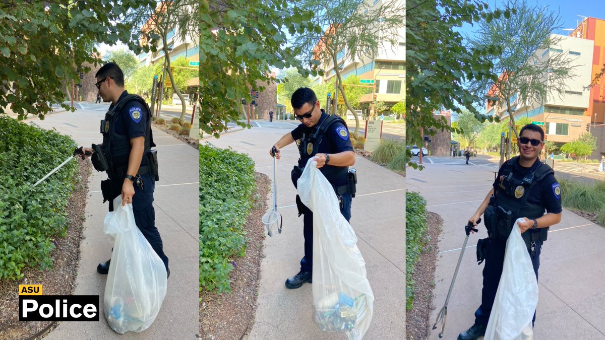 ASUPolice's tweet photo. Picking up trash on campus is not part of an #ASUPD officer's duty, but that didn't stop Officer Mariscal from volunteering his time to help Facilities Management with Downtown Trash Pickup Day!
#CommunityFocused #ASU #KeepCampusClean #OfficerAppreciation #ASUpolice 🔱🚔 https://t.co/nCTVScip2p