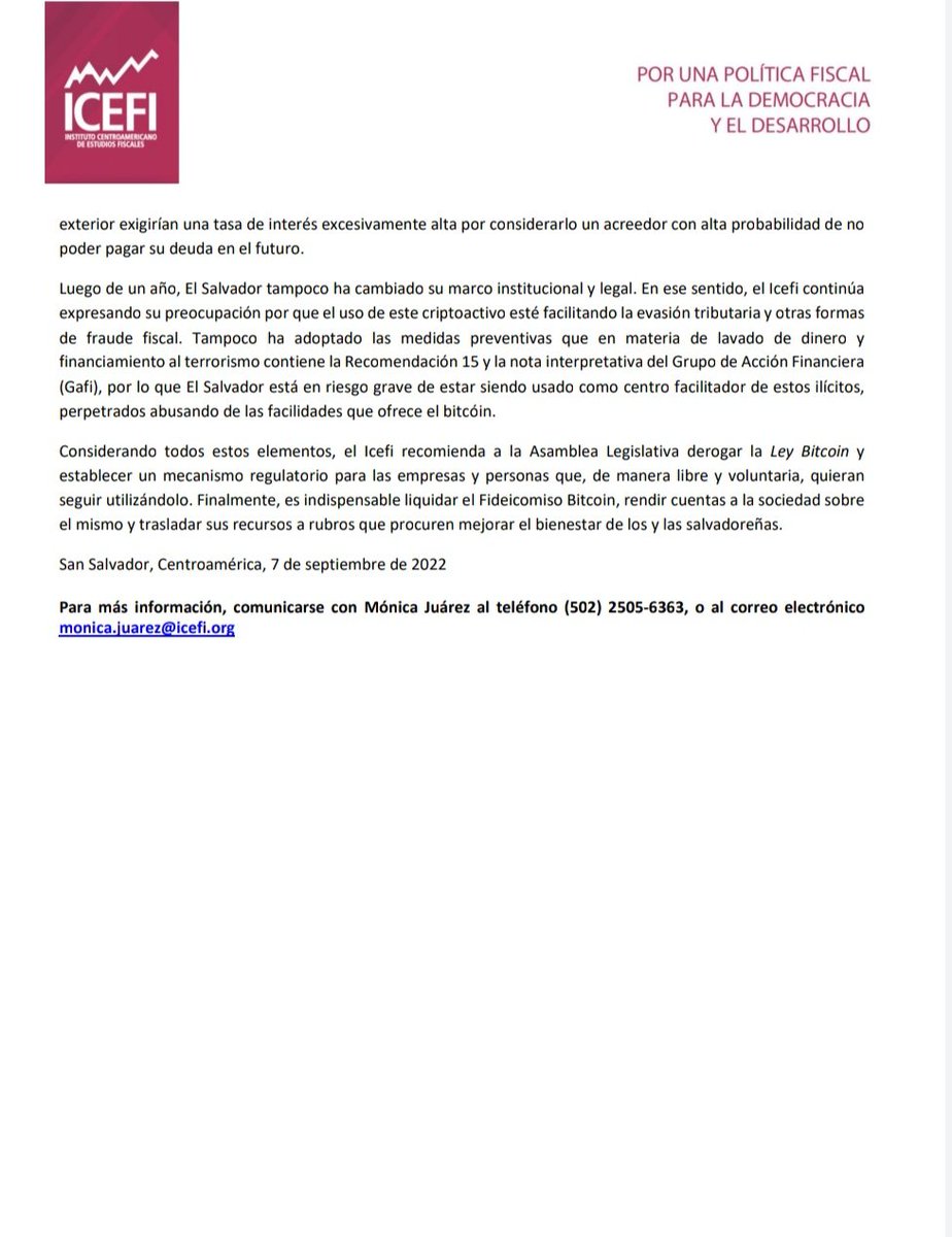 #EconomiaSV| El @ICEFI recomienda a la @AsambleaSV derogar la #LeyBitcoin, liquidar el Fideicomiso Bitcoin y rendir cuentas sobre su uso a la población salvadoreña.