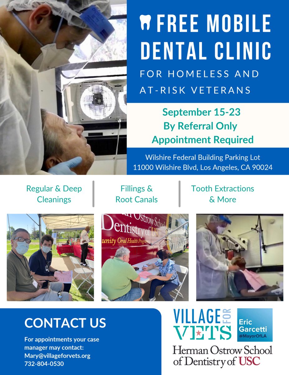 From September 15-23, a free mobile dental clinic will be available to homeless and at-risk veterans. Please refer to flyer for details.