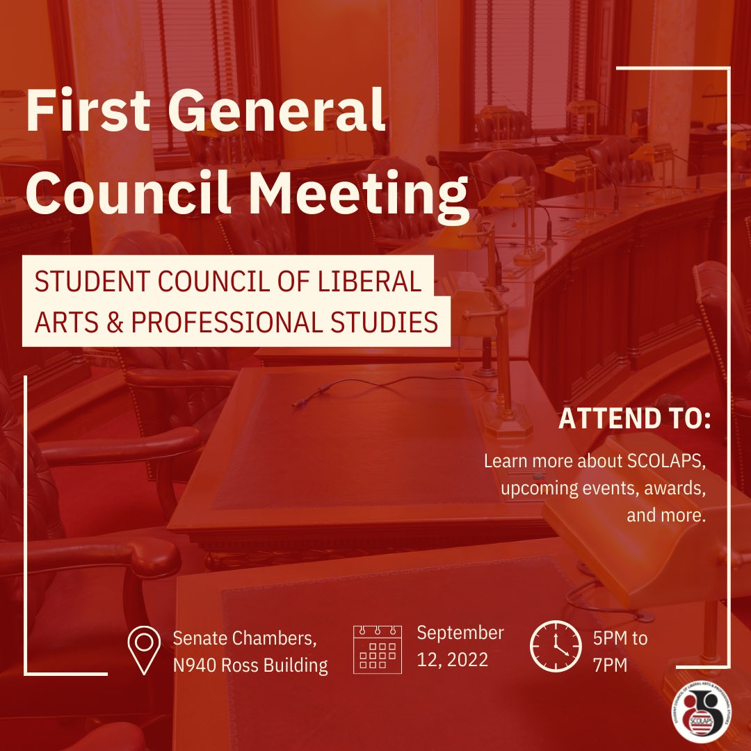 Learn more about SCOLAPS at our first general council meeting taking place at the Senate Chambers on Monday, September 12th, 2022, from 5PM to 7PM.

Come and find out about how YOU can get involved in student governance. 

See you there.
