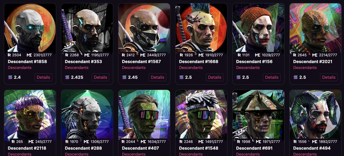 Beanthatgotaway's tweet image. Some of my favorite art in pfp projects:
@DeGodsNFT 
@GalacticGeckoSG 
@DescendantsArt 

Yes I hold them all. Does that make me biased? Orrrr did I buy them because they are my favorite. First 2 have pumped, imo Descendants will have its day, i mean look at these mfs 👇