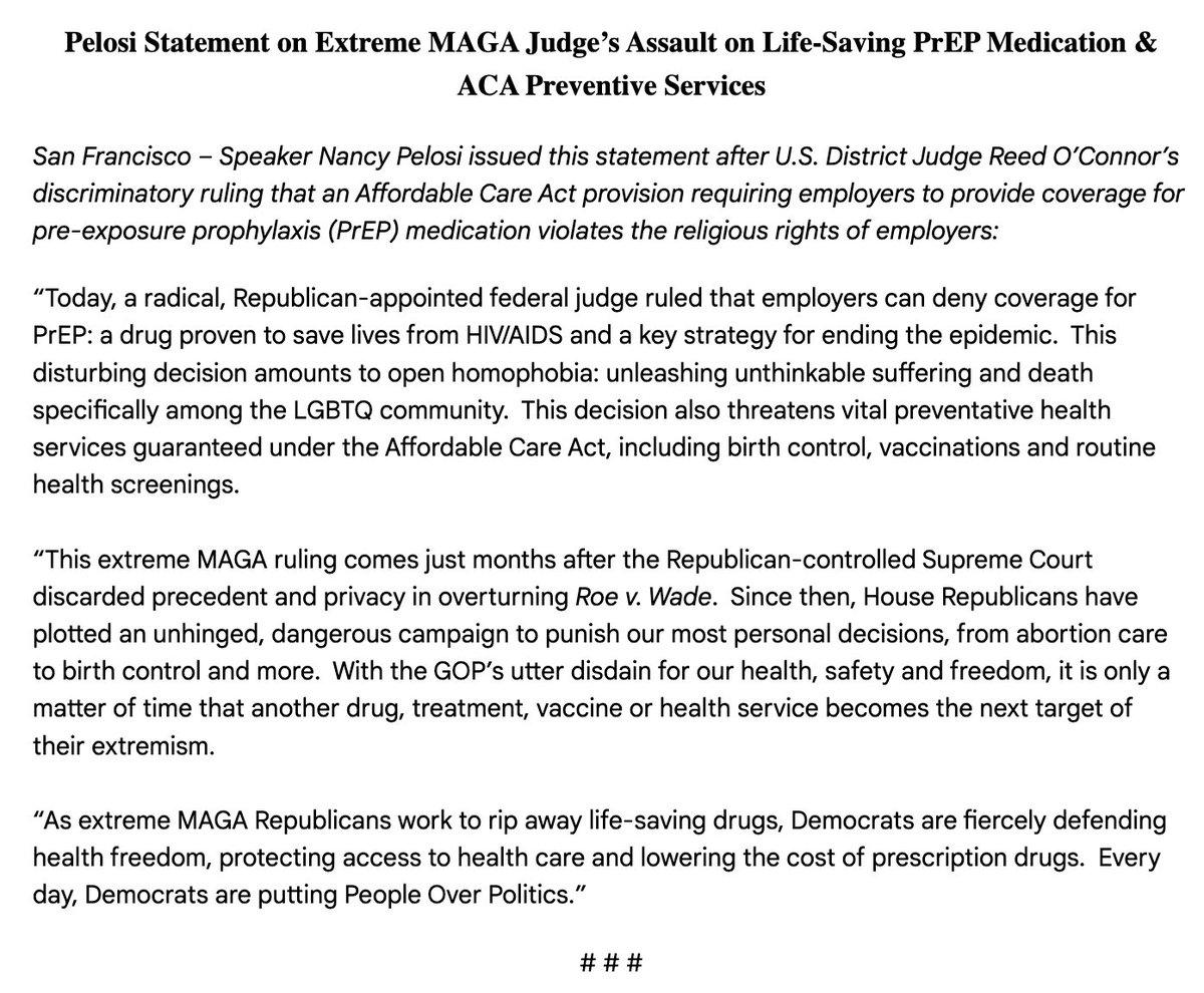 chrisgeidner's tweet photo. Referring to Reed O'Connor as an "Extreme MAGA Judge," House Speaker Nancy Pelosi strongly criticizes today's ruling, calling it a "disturbing decision amounts to open homophobia." https://t.co/yKfi3B4htl