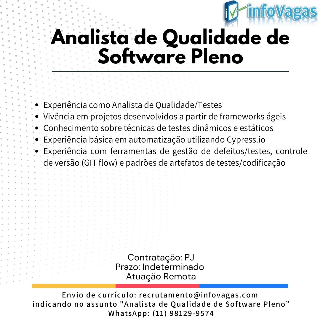 infovagas_of's tweet image. #infovagas #infovagasoficial #qualidadedesoftware #qa #tester #teste #testedesoftware #testes #analistadequalidade @ViUmaVaga  #analistadequalidadedesoftware #analistadetestes #analistadetestesautomatizados #cypress
