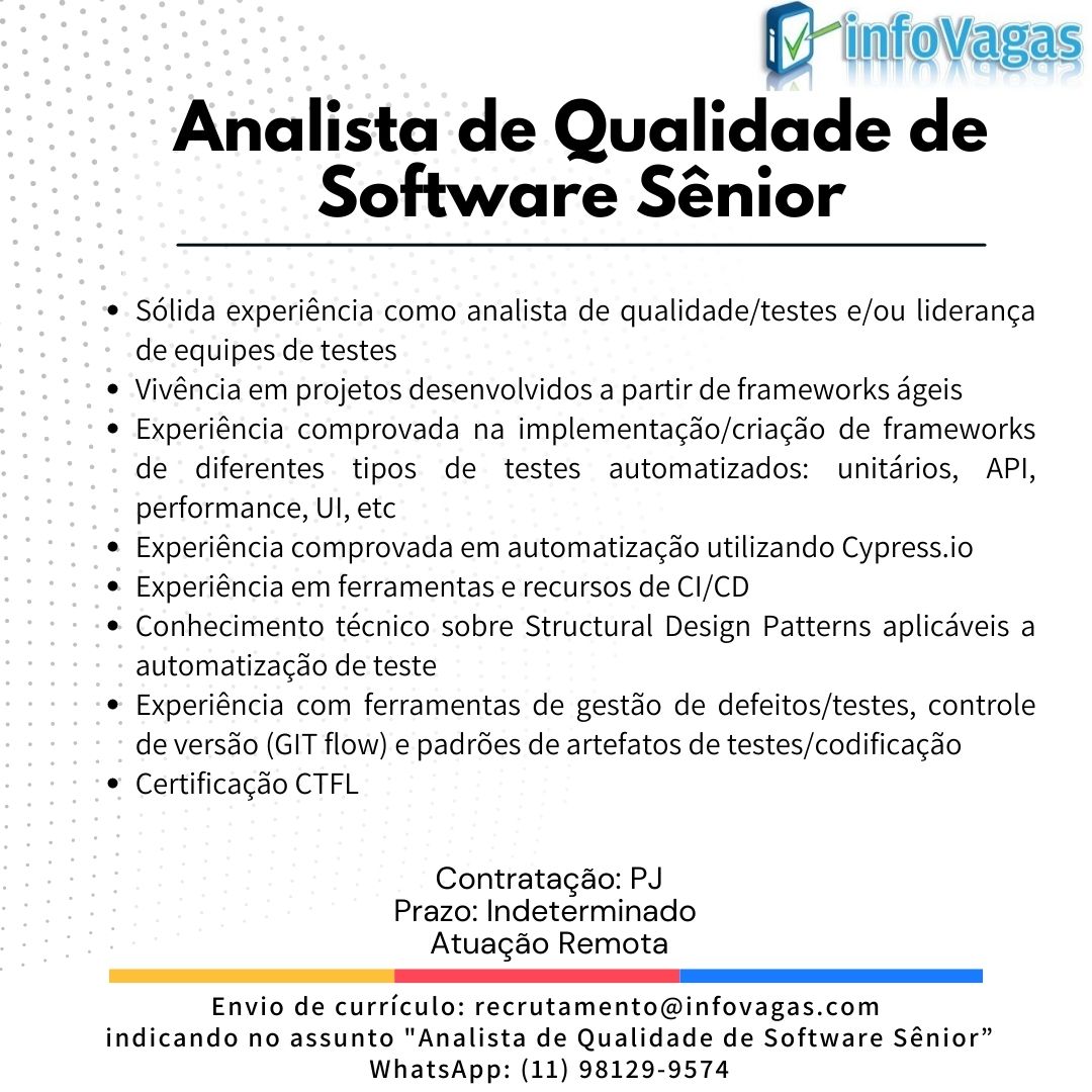 infovagas_of's tweet image. #infovagas #infovagasoficial #qualidadedesoftware #qa #tester #teste @ViUmaVaga  #testes #analistadequalidade #analistadequalidadedesoftware #analistadetestes #analistadetestesautomatizados #cypress