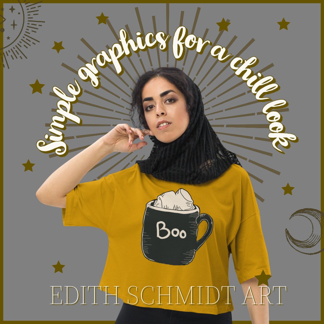 EdithSchmidtLLC's tweet image. Boo Mug with marshmallows graphic art cropped top