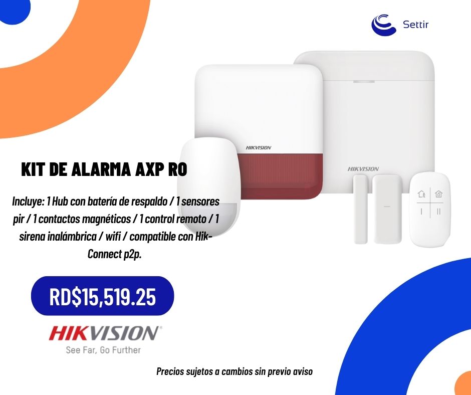 KIT DE ALARMA AXP RO
Incluye: 1 Hub con batería de respaldo / 1 sensores pir / 1 contactos magnéticos / 1 control remoto / 1 sirena inalámbrica / wifi / compatible con Hik-Connect p2p. #settirsrl  #alarmasinalámbrica #alarmasderobo
