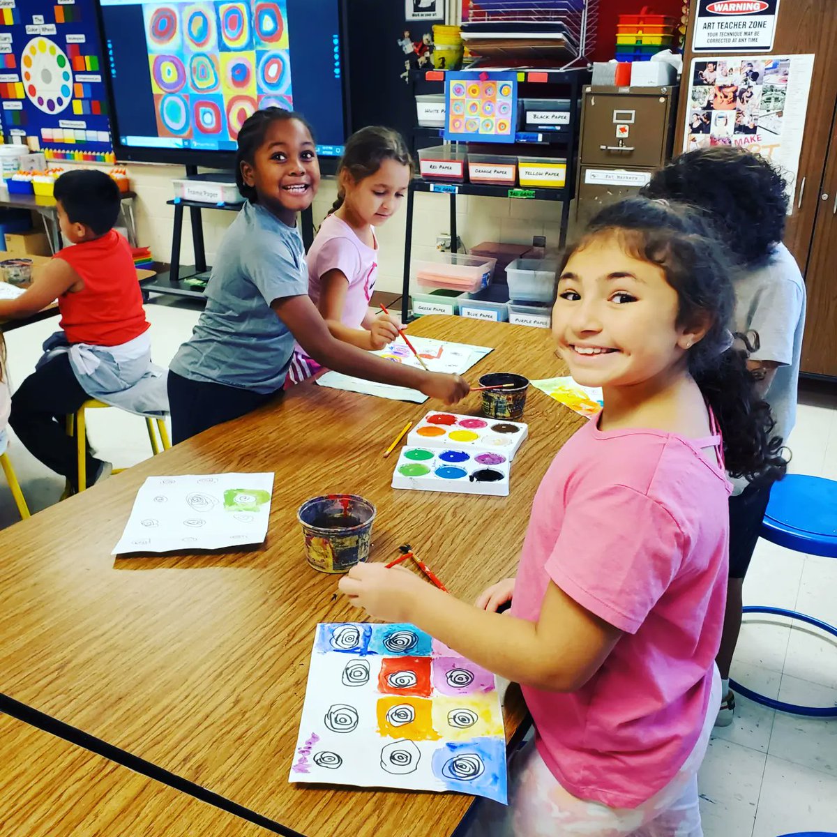 2nd Grade circle study paintings inspired by artist Wassily Kandinsky! #d109pride <a href="/BrodnickiSchool/">Brodnicki School</a> #artclassrocks #dotday2022
