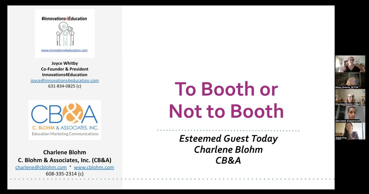 CBlohmAssoc's tweet image. Last week CB&amp;amp;A CEO Charlene Blohm and Joyce Whitby presented to SETDA emerging partners in K-12 and higher education. The two tackled an important question on the minds of many education marketers: to booth or not to booth. Thanks to all who joined!

#edmarketing #edstrategy