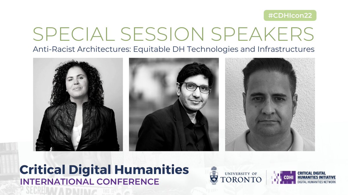 Sept 30, we’re hosting a special #CDHIcon22 virtual plenary session, featuring a brilliant lineup of DH researchers! Join @safiyanoble <a href="/angeldnieves/">Mr. Angel David Nieves, Ph.D.</a> &amp; <a href="/elotroalex/">A.</a> for “Anti-Racist Architectures: Equitable DH Technologies and Infrastructures.” Meet them at bit.ly/CF22-SPKS.