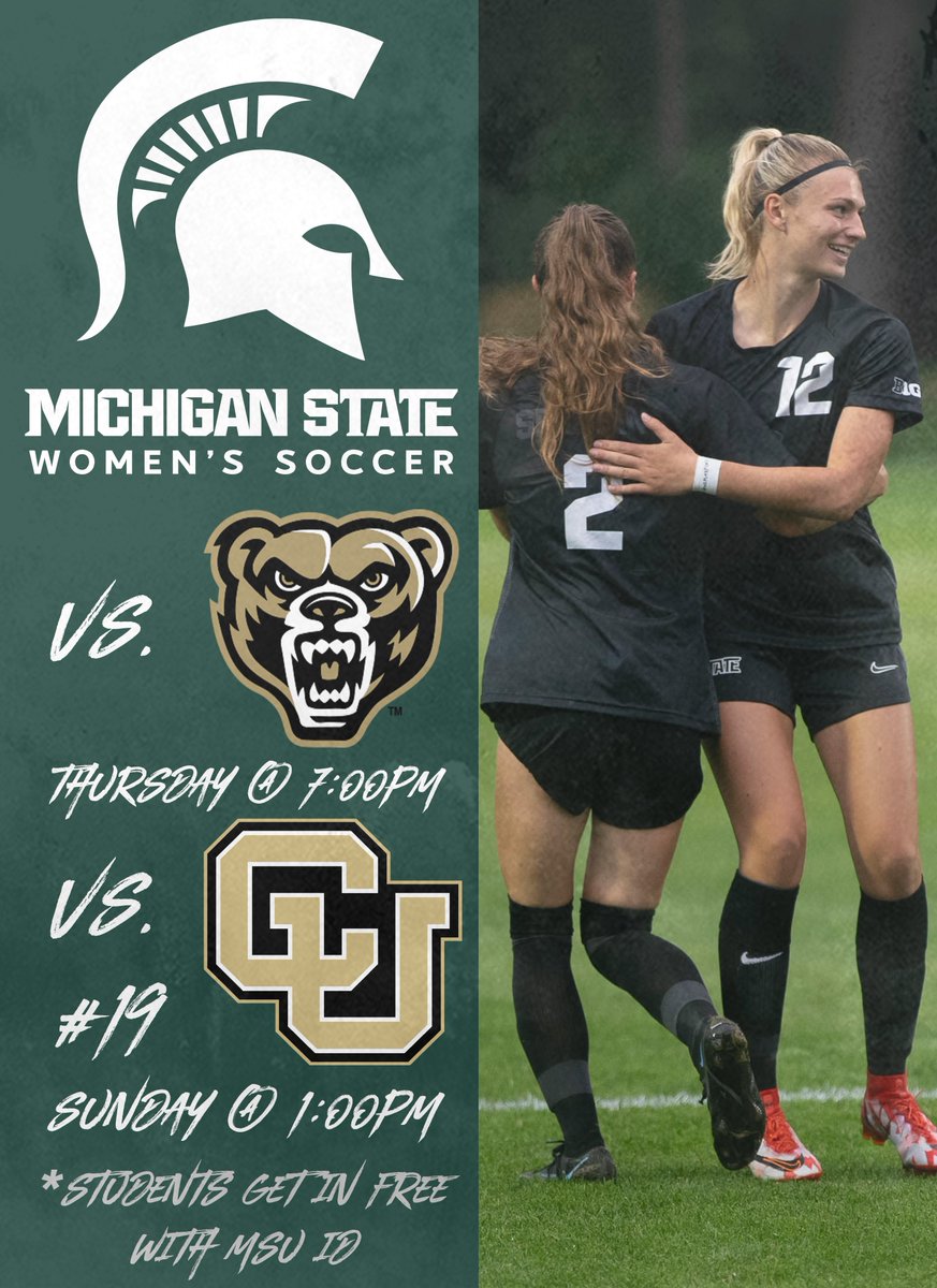 SpartanGameday's tweet photo. Students! Looking for something to do this weekend?? Come out and support the women's soccer team as they take on Oakland and Colorado!! As a reminder, students get in free with their MSU ID! Hope to see everyone in the student section!! #GoGreen @MSU_wsoccer @RedCedarRowdies https://t.co/yoeU5IQq89