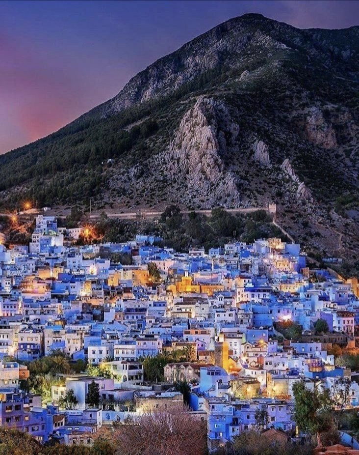 the beautiful little blue town of Chefchaouen at sunset in Morocco 🇲🇦❤️💚💙💜