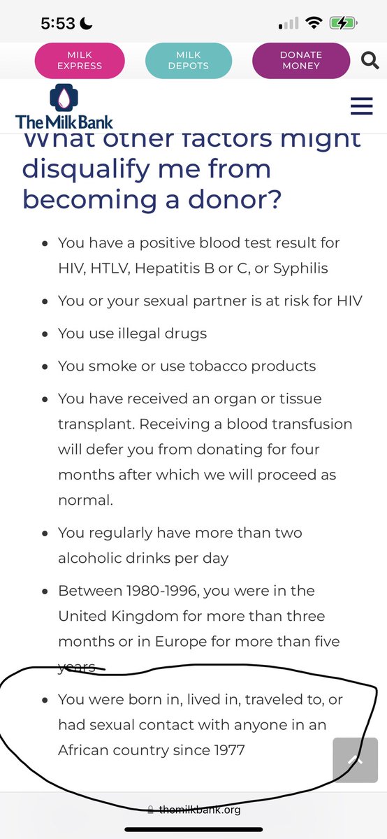 drfeleciasumner's tweet photo. Considering donating my leftover breast milk and came across this interesting “restriction”. Can anyone explain the scientific logic behind this? 😬 @lalecheleague @TheMilkBank #breastmilk #breastfeedingmom #blackmom #motherhood https://t.co/gDQEmZ7npp