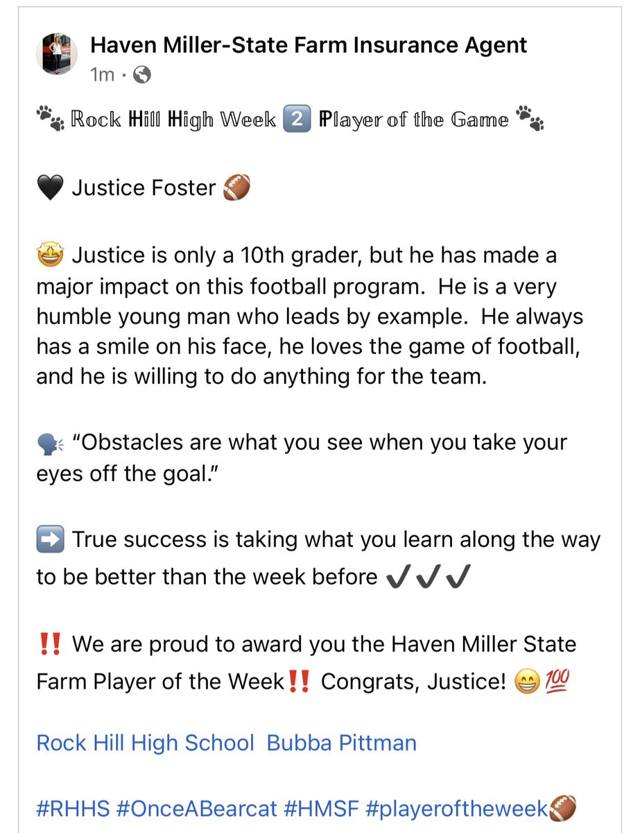 Haven Miller (@havenmiller10) on Twitter photo #HMSF week2๏ธโฃ #playeroftheweek goes to <a href="/JusticeFoster43/">Justice Foster</a> at <a href="/RHHSBearcatsFB/">Rock Hill Football</a>! Proud of you! Way to go!
๐พ๐๐ค <a href="/RHHSBearcats/">Rock Hill Bearcats</a> <a href="/OzzieAhl2/">RH Bearcat One</a> <a href="/BearcatFBCoach/">Bubba Pittman</a> #rocksolid #diamondsup #letsGO #HMSF week2๏ธโฃ #playeroftheweek goes to <a href="/JusticeFoster43/">Justice Foster</a> at <a href="/RHHSBearcatsFB/">Rock Hill Football</a>! Proud of you! Way to go!
๐พ๐๐ค <a href="/RHHSBearcats/">Rock Hill Bearcats</a> <a href="/OzzieAhl2/">RH Bearcat One</a> <a href="/BearcatFBCoach/">Bubba Pittman</a> #rocksolid #diamondsup #letsGO