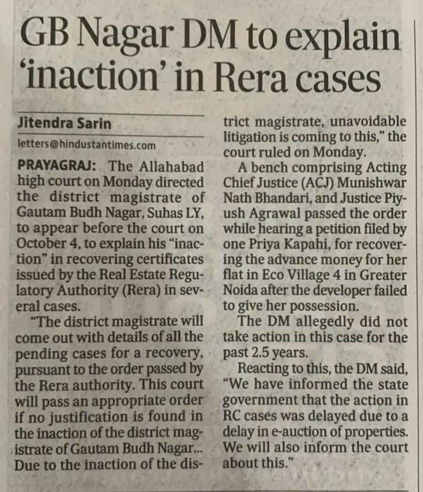 nsishere's tweet photo. This is around the same time, last year when the court had summoned the DM wrt to RC execution on one of the petition filed by me for @daksh1981 
Want to know how much have things changed in terms of RC execution? #RERA #homebuyer #realestate #Possession #noida https://t.co/bGbfsgiYpA