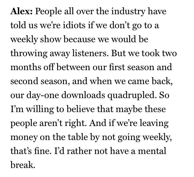 heybellman's tweet photo. This little mention of the download spike between Normal Gossip S1 and S2 got me thinking about *when* people talk about their favorite things

I think people tend to recommend a show when they just start missing it or when it just came back.
https://t.co/ldtly4h4y2 https://t.co/hJe6r8MHi1