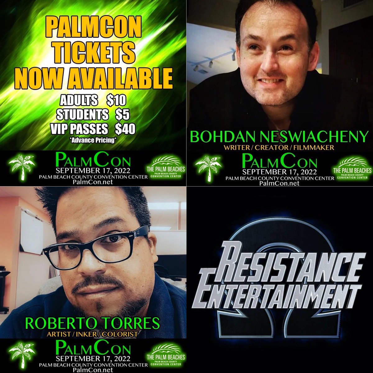 resistance_ent's tweet photo. Good news everyone!
We’ll be a guest this year at @Palm_Con 2022! Come and hang out with #comicbook writer/creator Bohdan Neswiacheny (@Bneswiacheny) &amp; comic book artist Roberto Torres (@RobTorresII). For more information &amp; tickets, visit https://t.co/ZGdn1mE2KH. #comicbooks https://t.co/qOkB6VmeCf