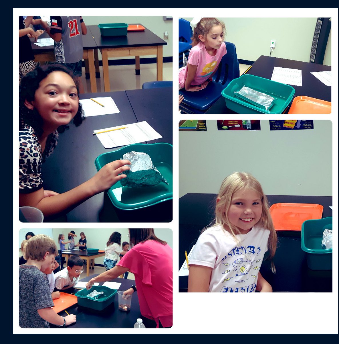 CaddoGrove's tweet photo. CGE 3rd Grade Science Lab: Don't Sink the Boat. Students built boats/vessels out of aluminum foil and added pennies while trying not to sink their vessel. Then they redesigned and tested their new vessel. #CGEAwesome https://t.co/Perx4jztqA