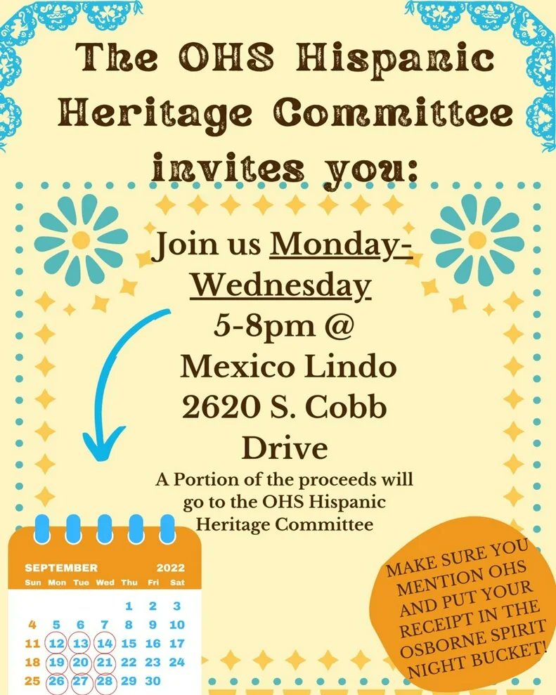 OHSSGATweet's tweet photo. Join the Hispanic Heritage Committee for dinner at Mexico Lindo next week! A portion of the proceeds go to support this year's programs! Make sure to mention you're with OHS! https://t.co/hHStOkS5GC
