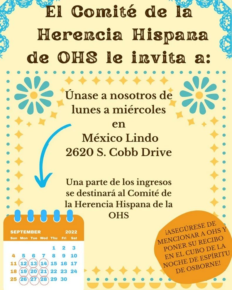 OHSSGATweet's tweet photo. Join the Hispanic Heritage Committee for dinner at Mexico Lindo next week! A portion of the proceeds go to support this year's programs! Make sure to mention you're with OHS! https://t.co/hHStOkS5GC