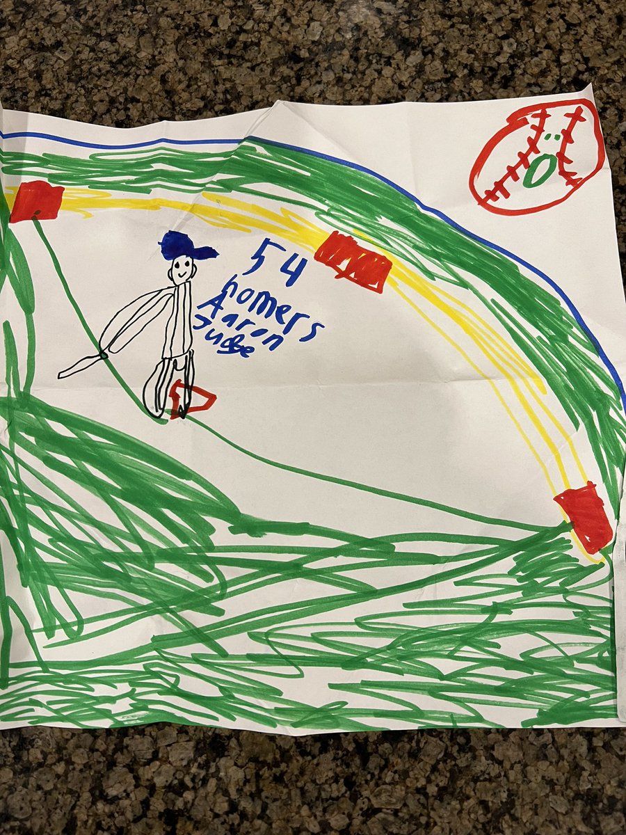 By the time my son got home from school and made this drawing, <a href="/aaronjudge44/">Aaron Judge</a> had already hit his 55th! Great walk-off win <a href="/Yankees/">New York Yankees</a> - good luck in game 2!